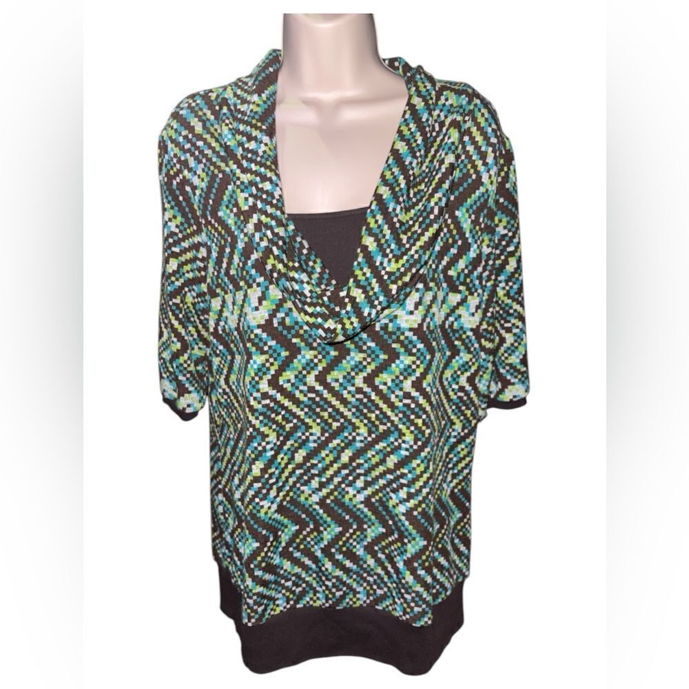 Cato Womens Brown & Green Cowl Neck Short Sleeve Layered Stretch Shirt Large
